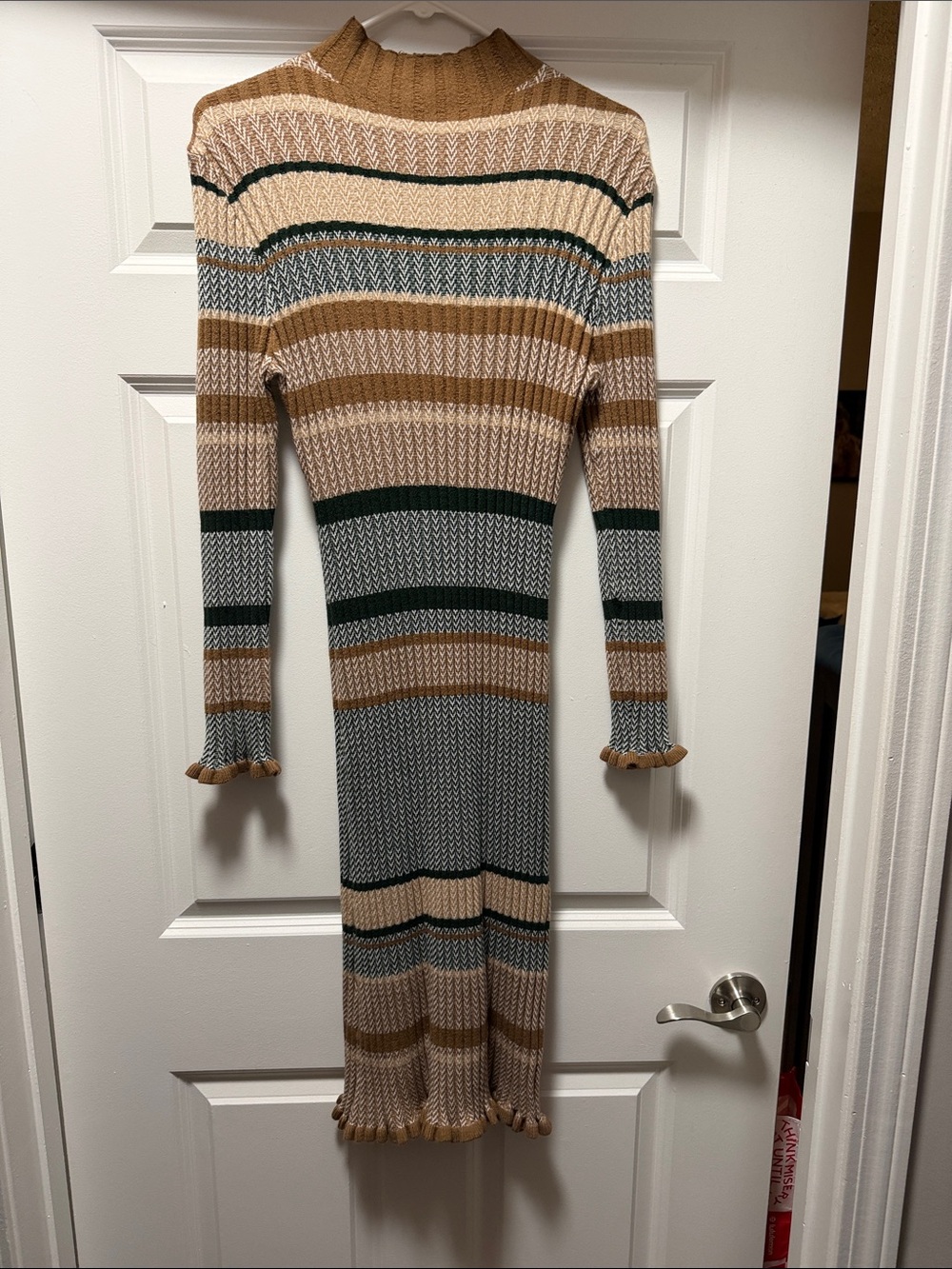 Ribbed Long-Sleeve Midi Dress in Camel, Cream & Forest Green